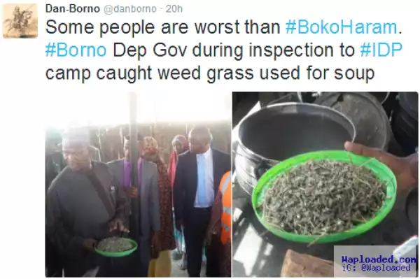 Photo: Borno state deputy governor reportedly walks into IDP camp officials cooking with weed leaves